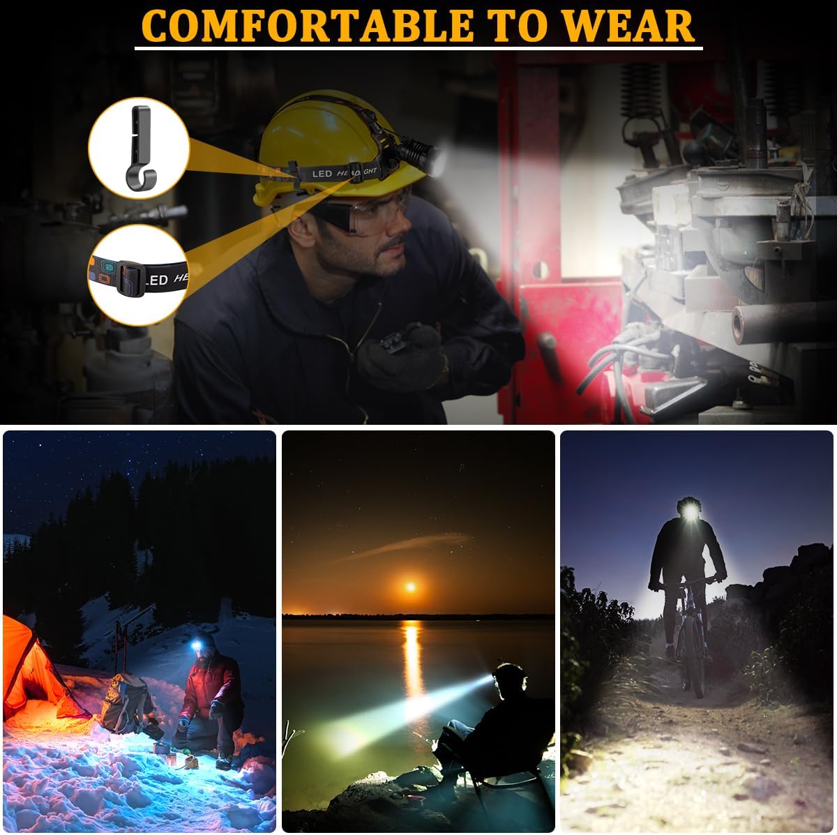 KYEKIO Headlamp Rechargeable 4 Mode Light Adjustable for Forehead Camping