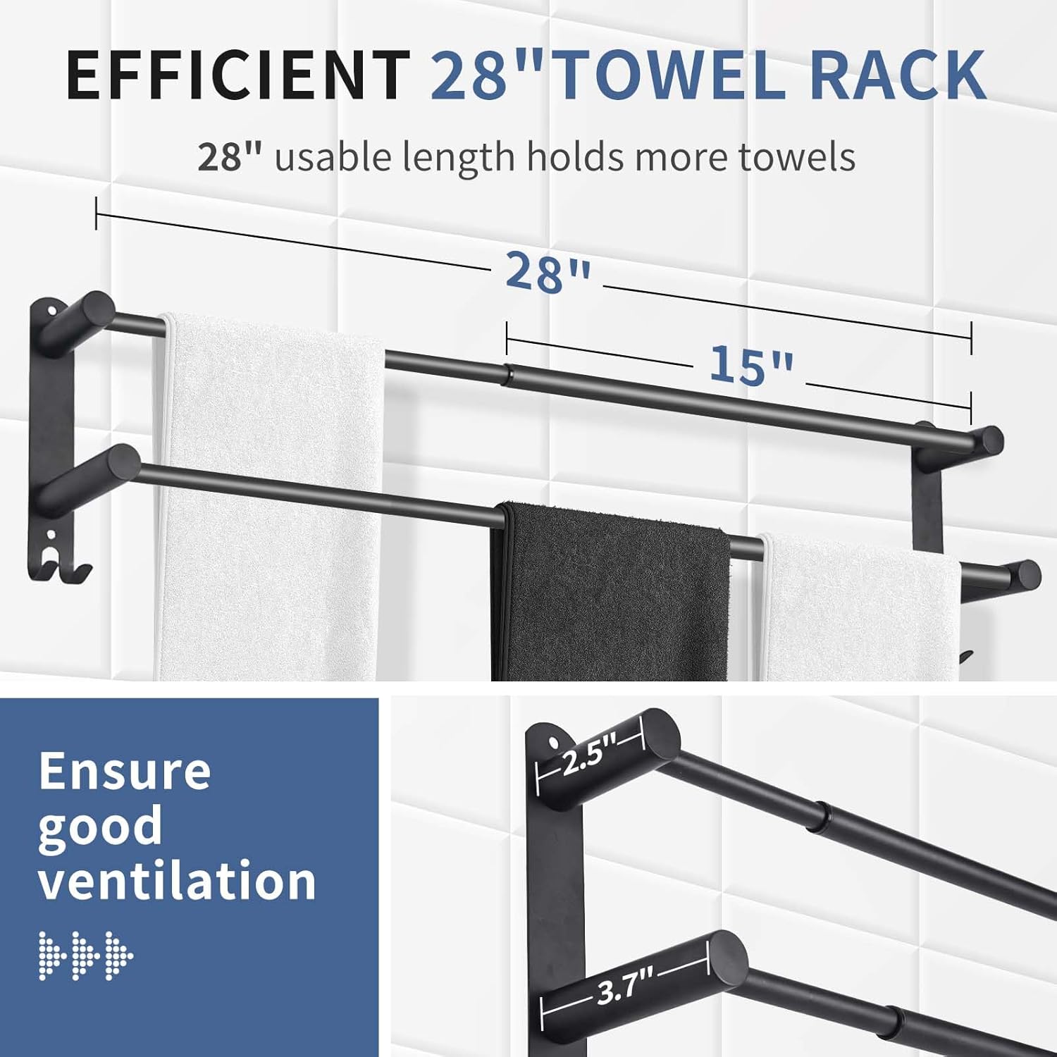 Adjustable Black Towel Rack for Bathroom Durable Stylish Design