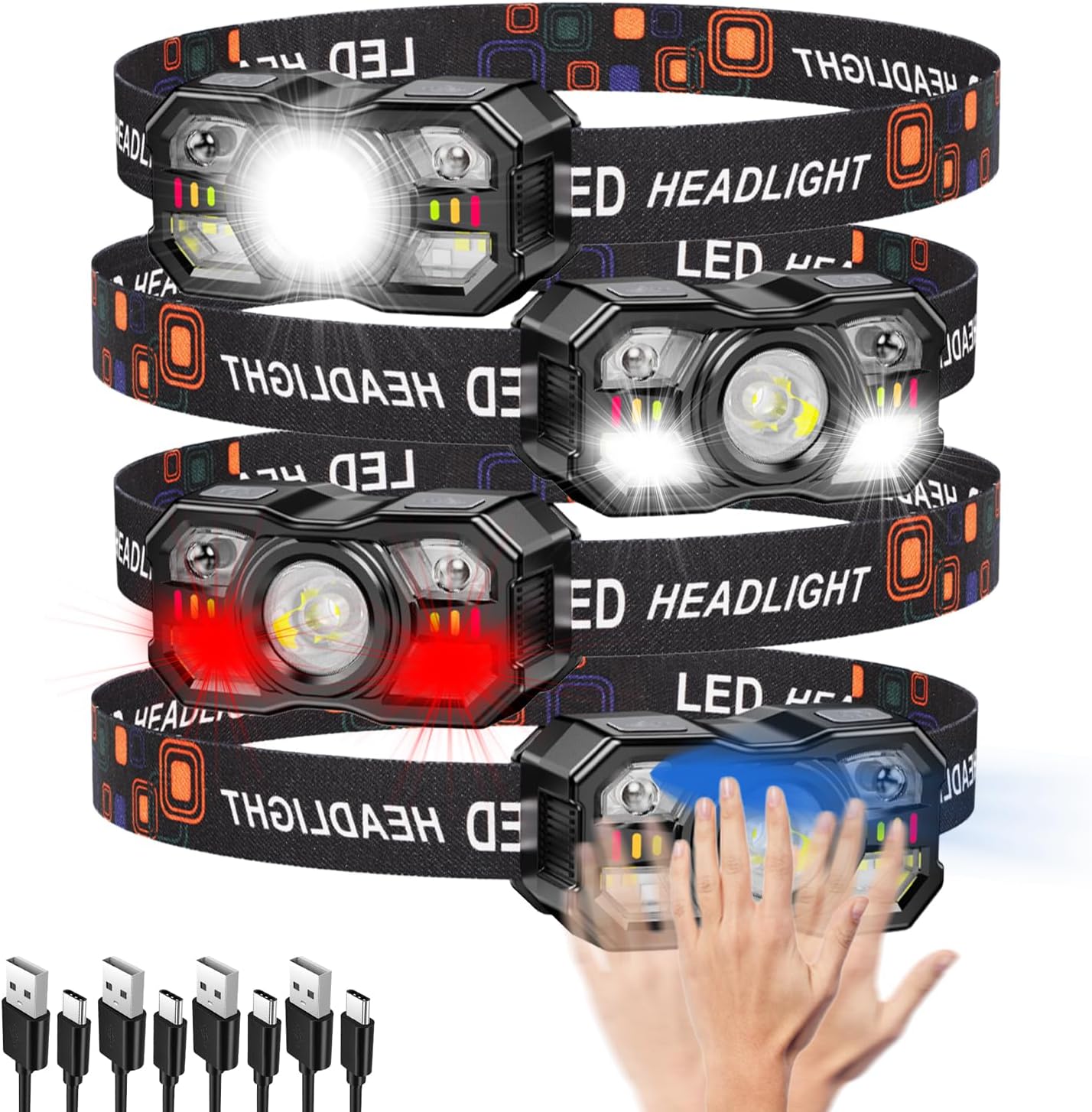 KunHe 4 Pack Headlamp Rechargeable Headlight for Outdoor Use