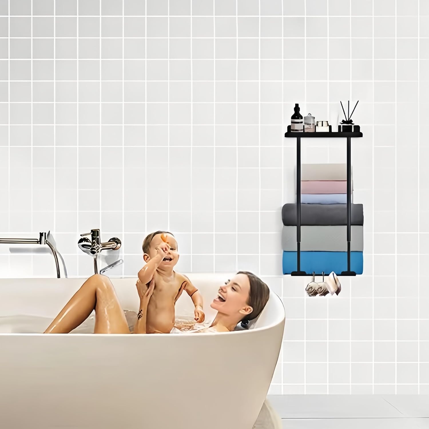 Space-Saving Black Towel Rack with Adjustable Length for Home Use