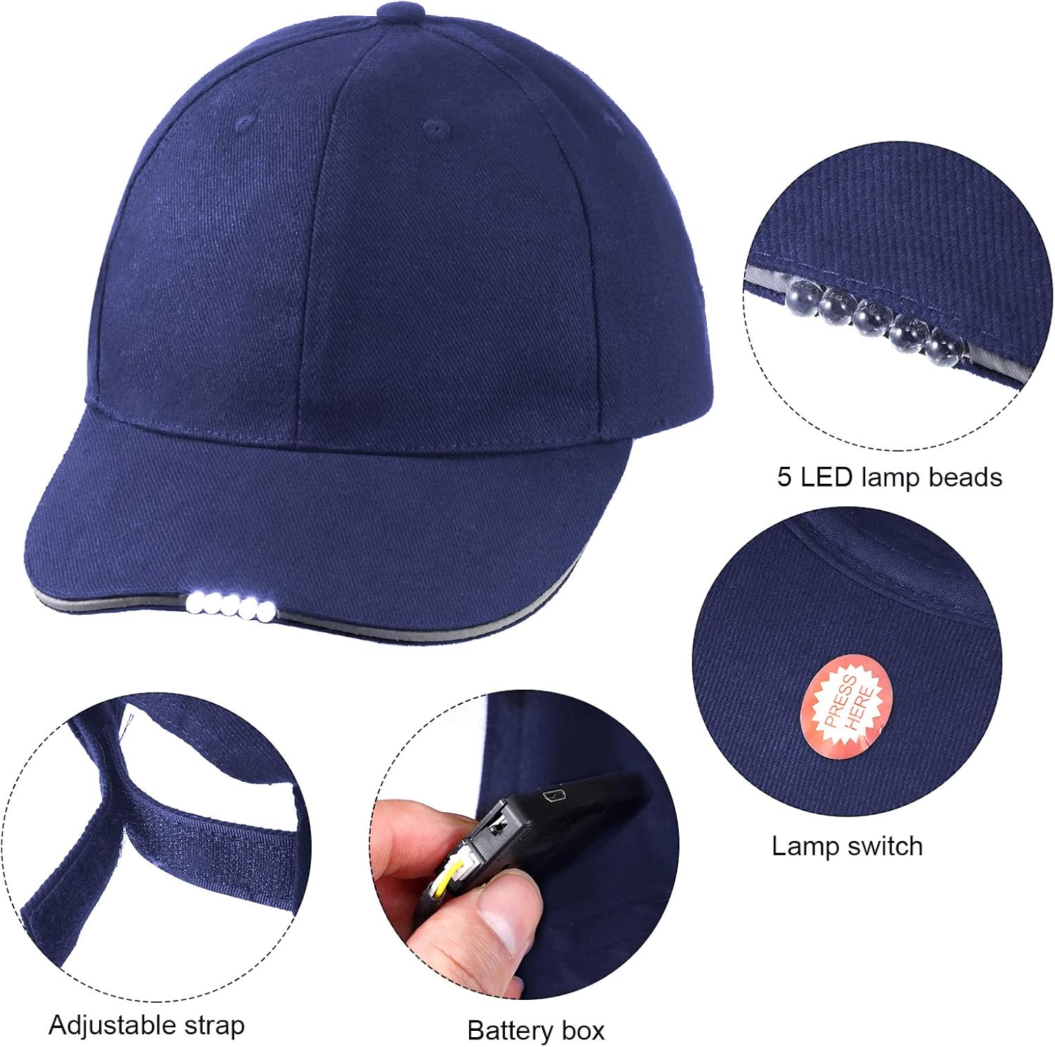 Durable LED Baseball Cap for Camping Fishing - 5 LED Lightweight Headlamp