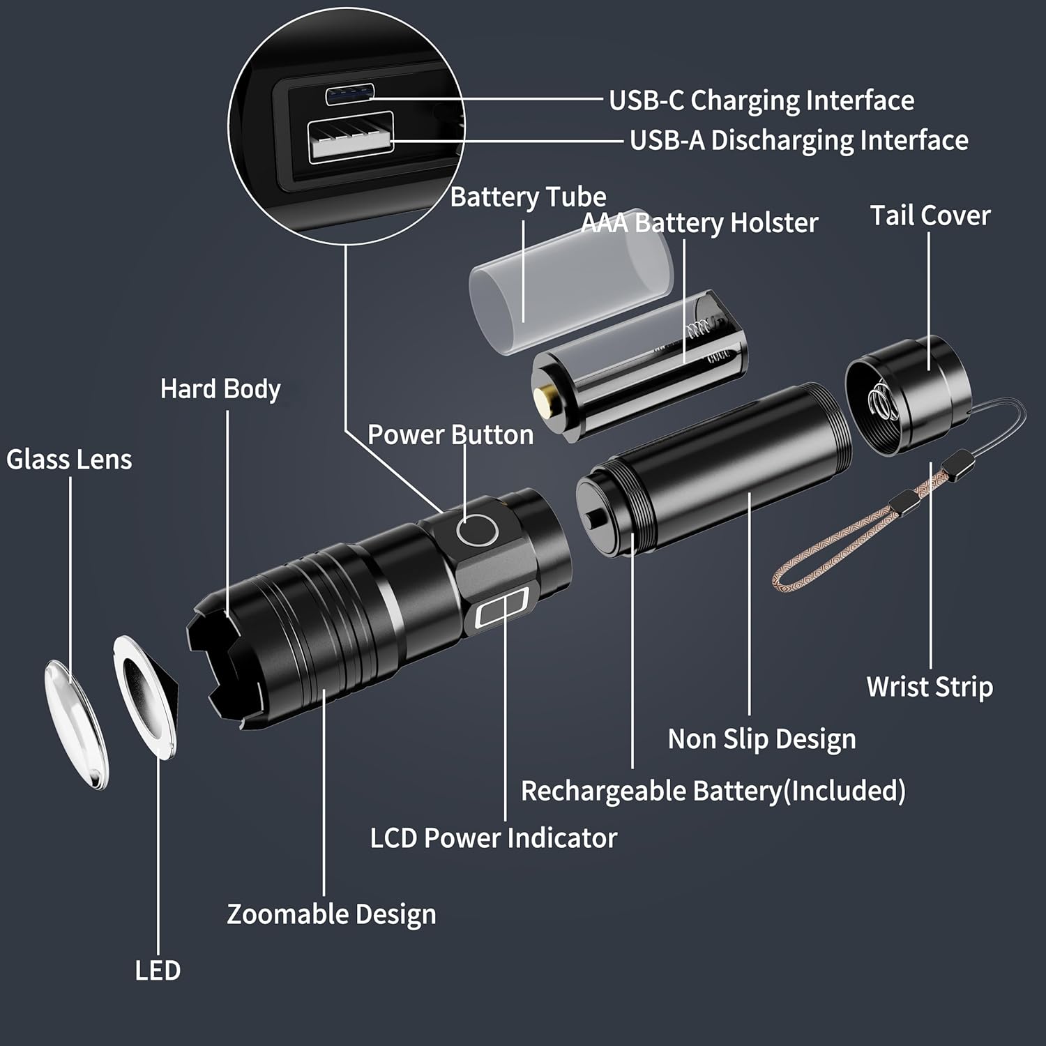 Rechargeable flashlight for emergency use - High brightness LED