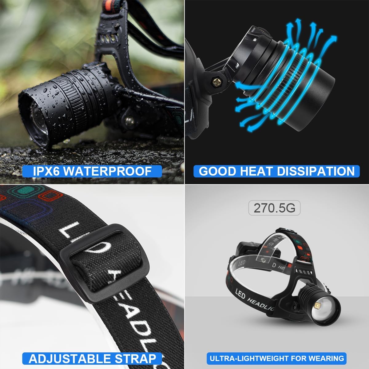 IP67 Waterproof 100000 Lumens Rechargeable Headlamp 90 Adjust 2x3 Modes 2h Charge