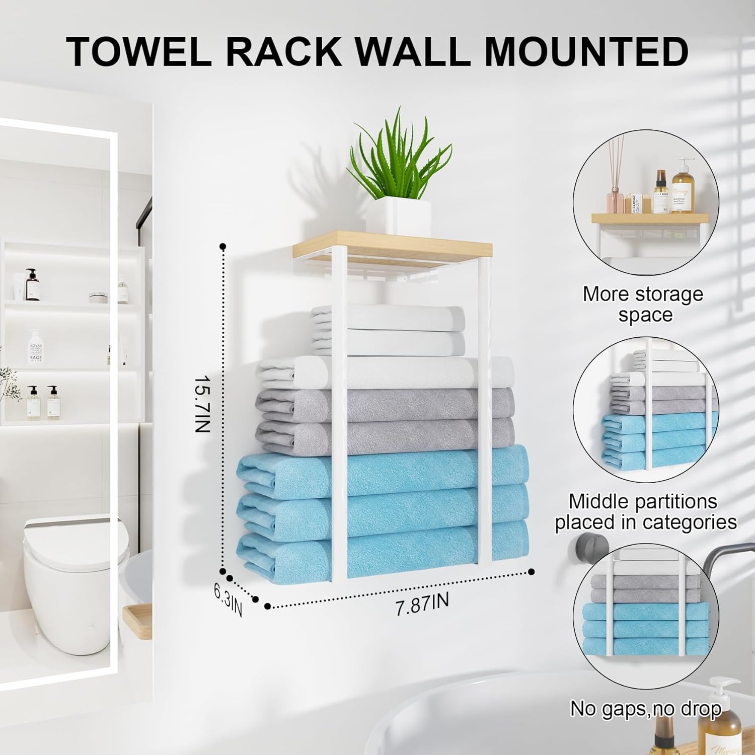 Sturdy Metal Wall Towel Rack Wooden Top Organizer for Small Bathrooms