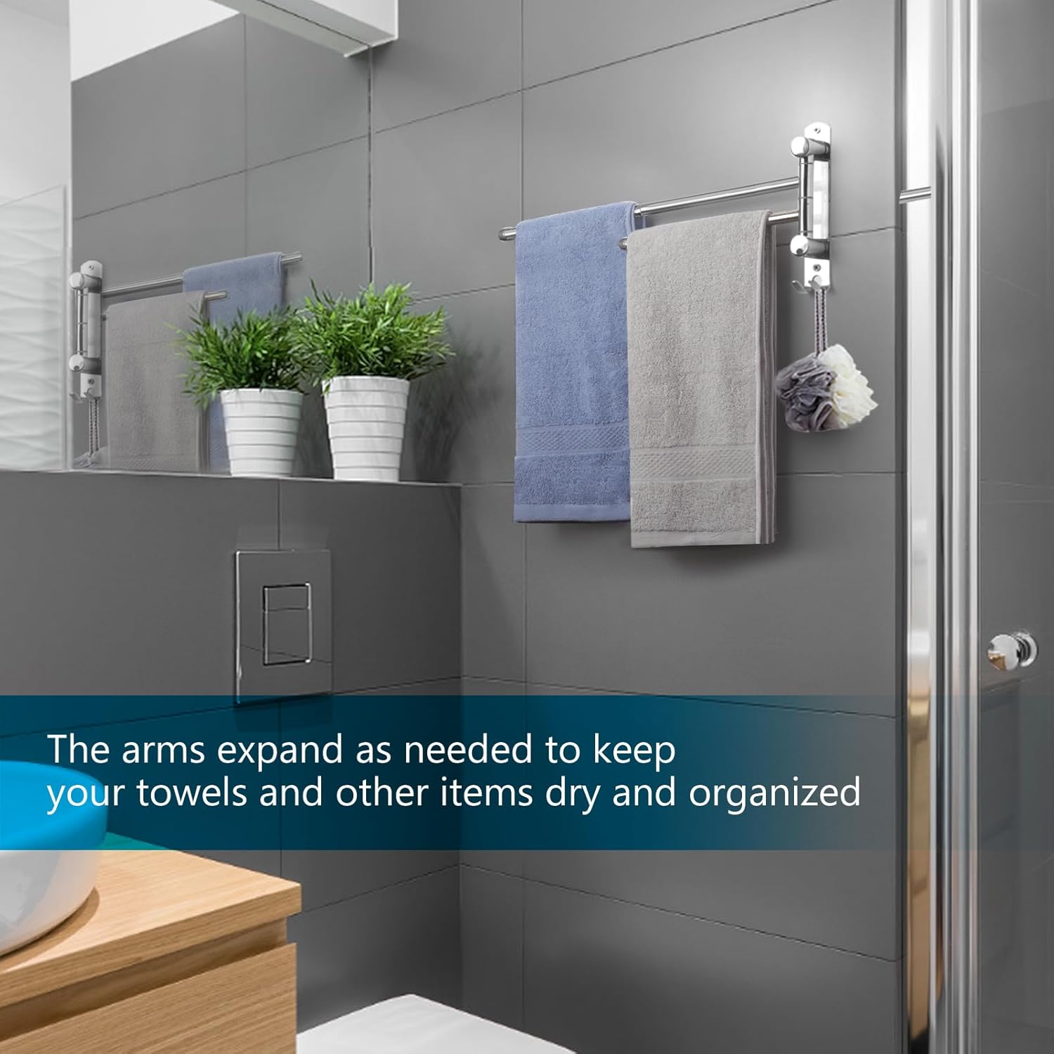 Adjustable Space-Saving Towel Rack Stainless Steel with Swivel Arms for Bathroom