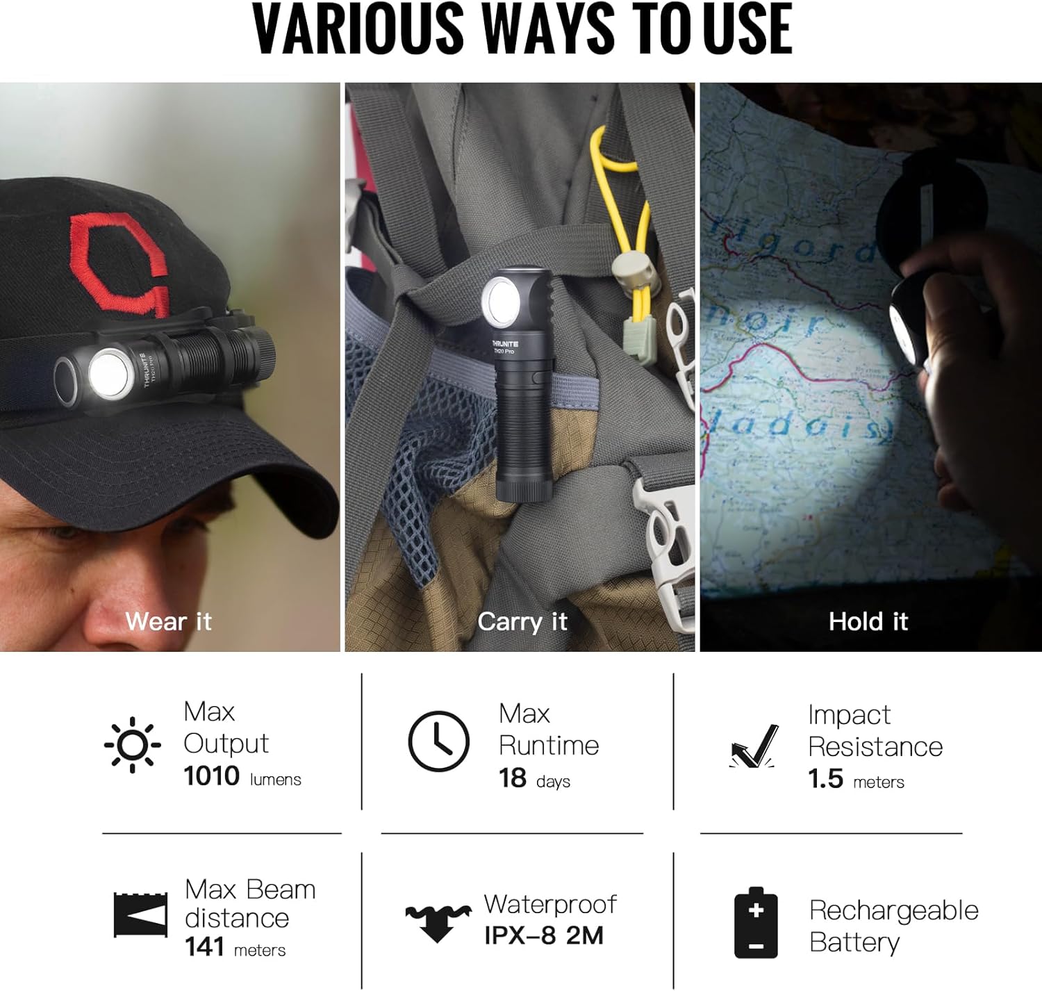 ThruNite TH20 Pro II - 1010 Lumens Rechargeable LED Headlamp for Hiking Camping
