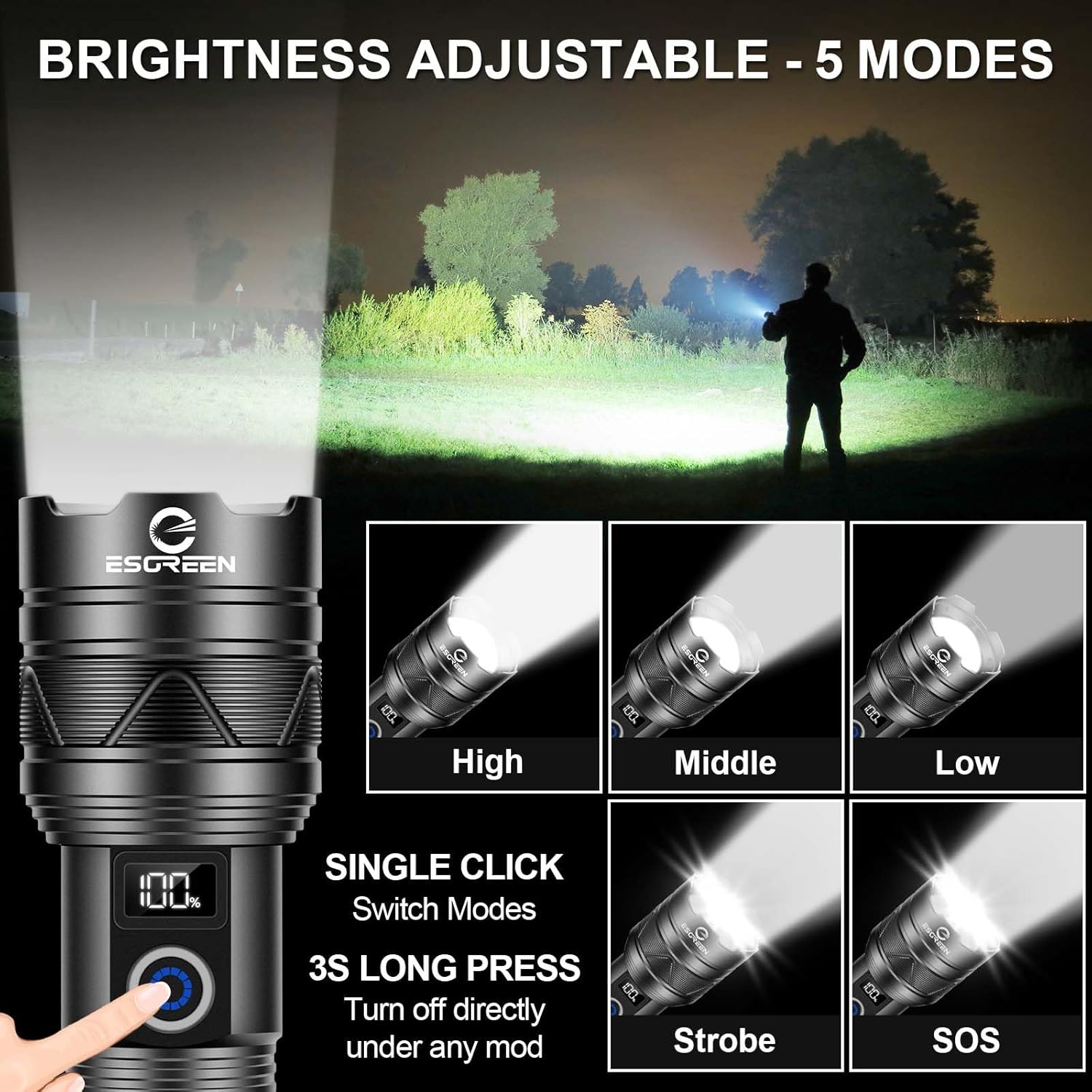 ESGREEN Rechargeable Flashlight with 5000ft Beam