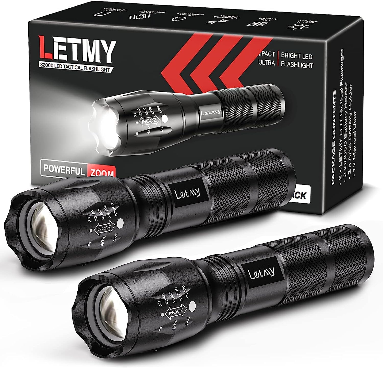 LETMYTactical Flashlight - Bright Waterproof 2 Pack for Camping Emergencies