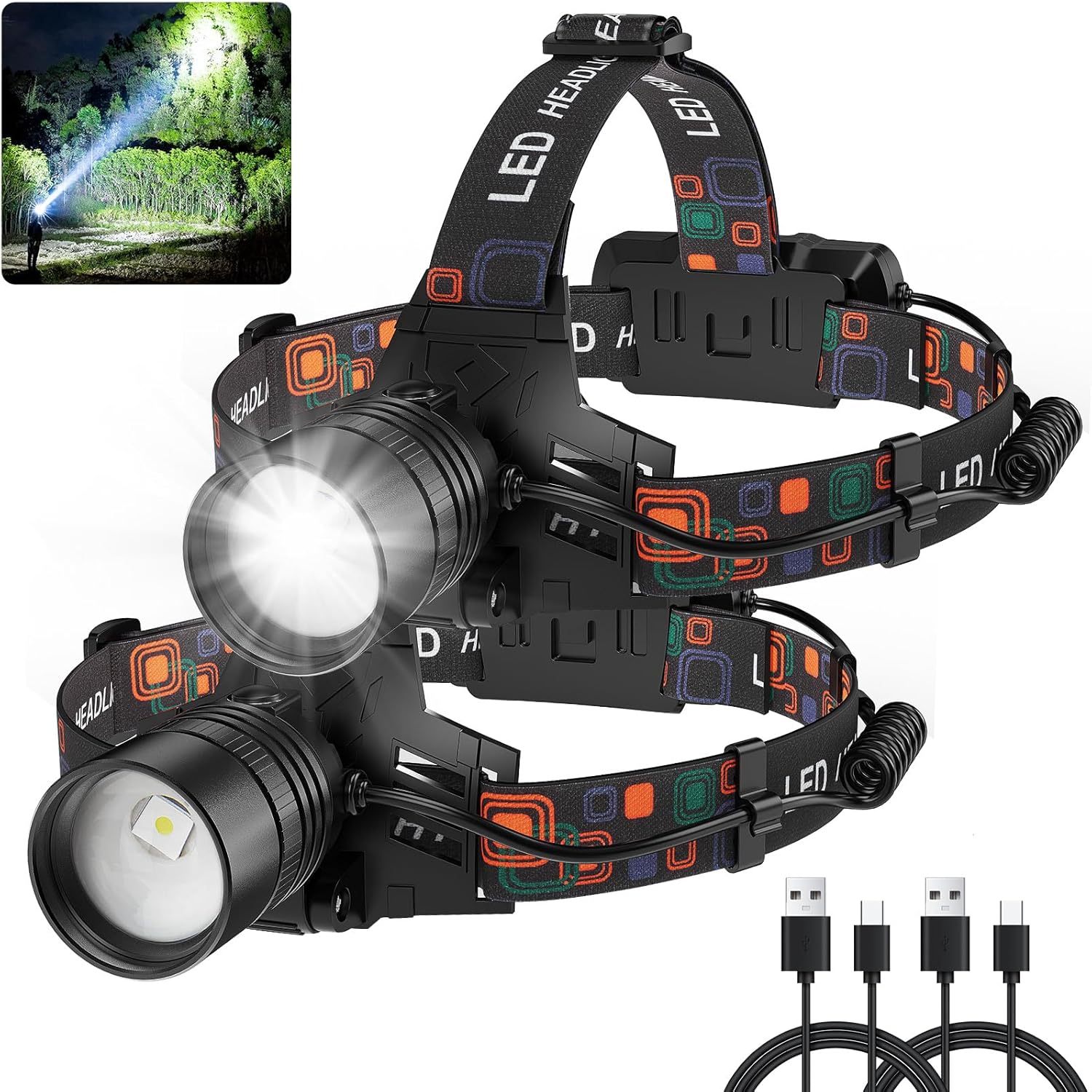 SKNSL Rechargeable Headlamp 2Pack with 3 Modes and 90 Adjustability
