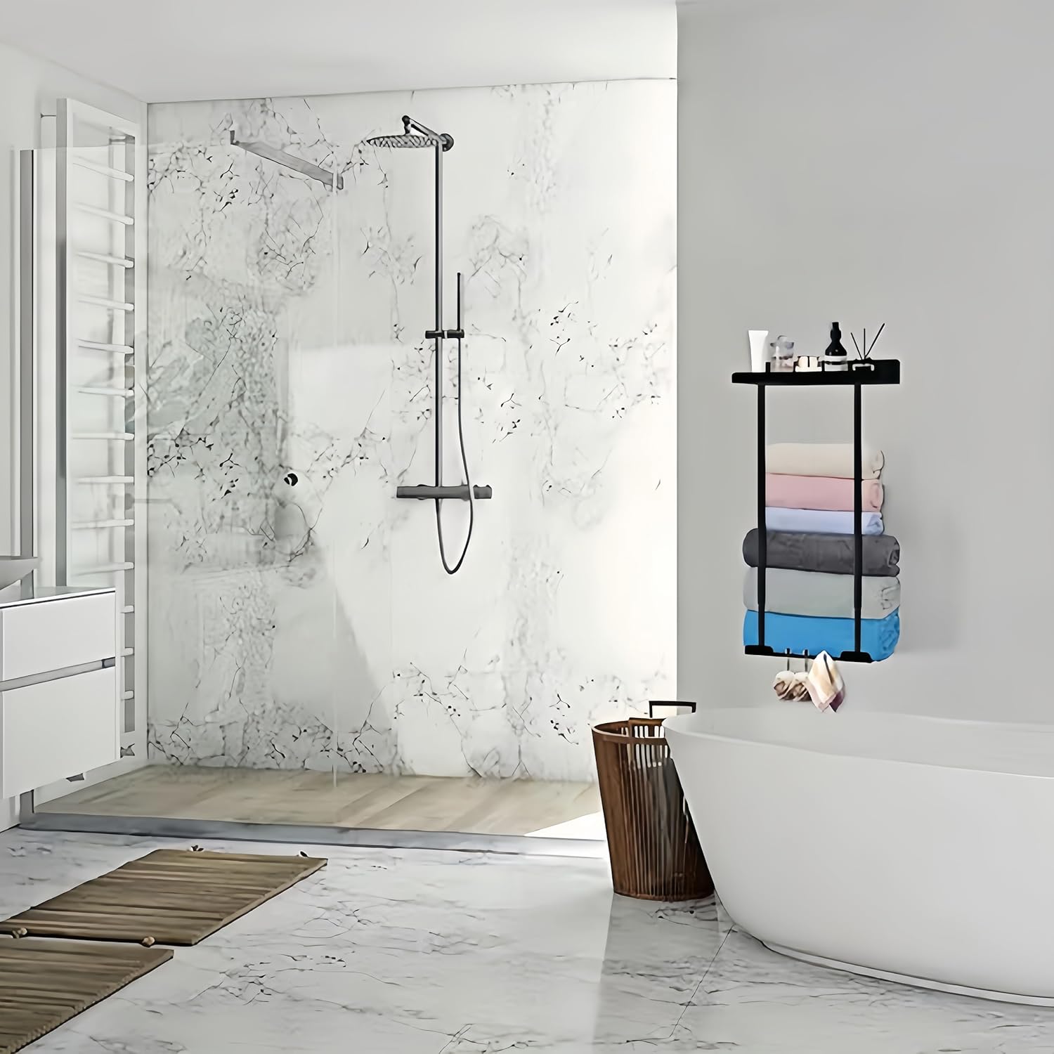 Space-Saving Black Towel Rack with Adjustable Length for Home Use
