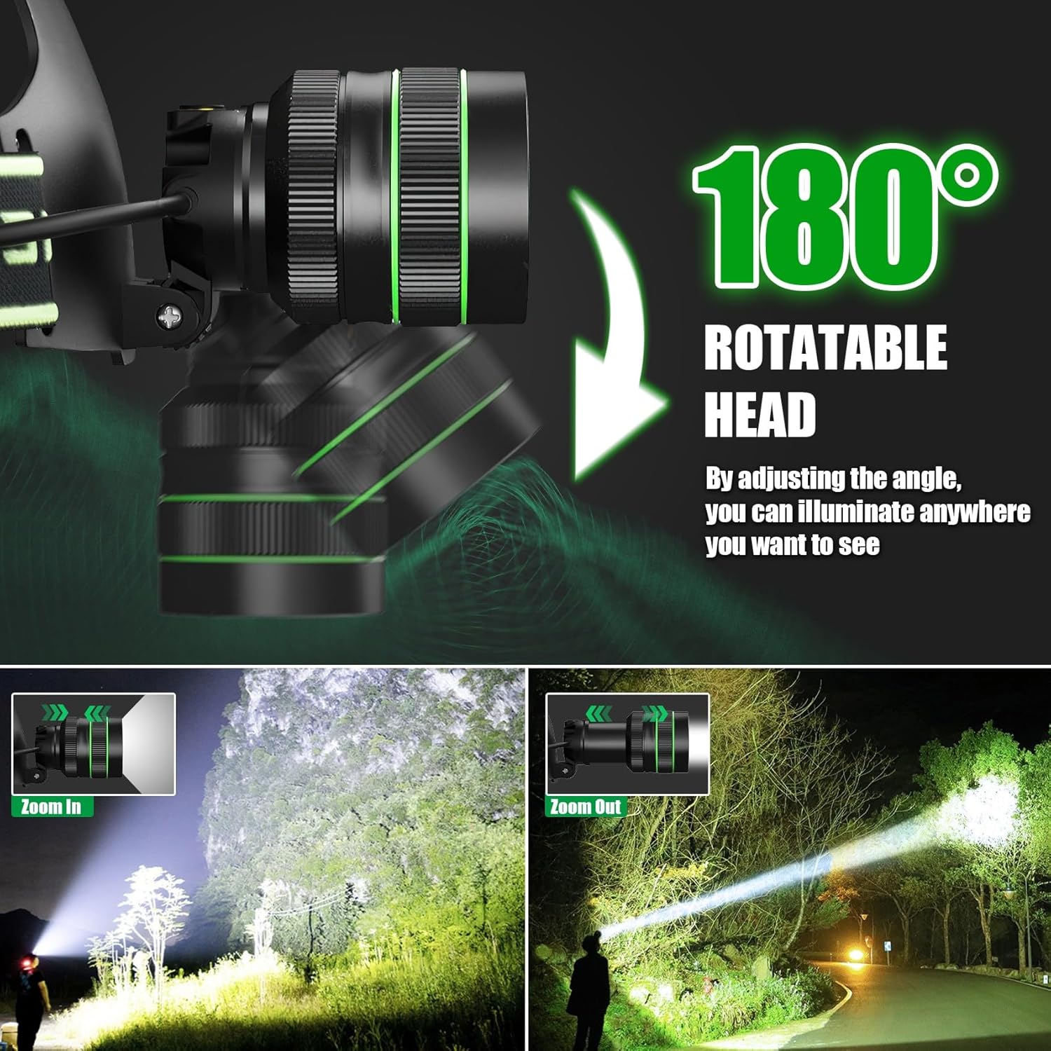 100000 Lumens Rechargeable Headlamp with 180 Adjustable IPX6 Waterproof Zoomable More