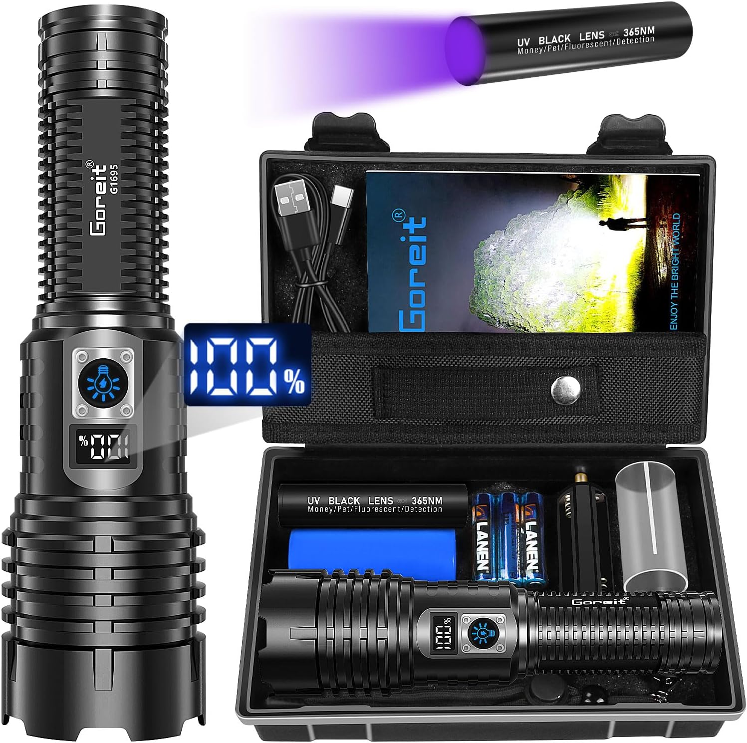 Goreit Adjustable 990000 Lumens Handheld Flashlight Waterproof Rechargeable for Emergency Use
