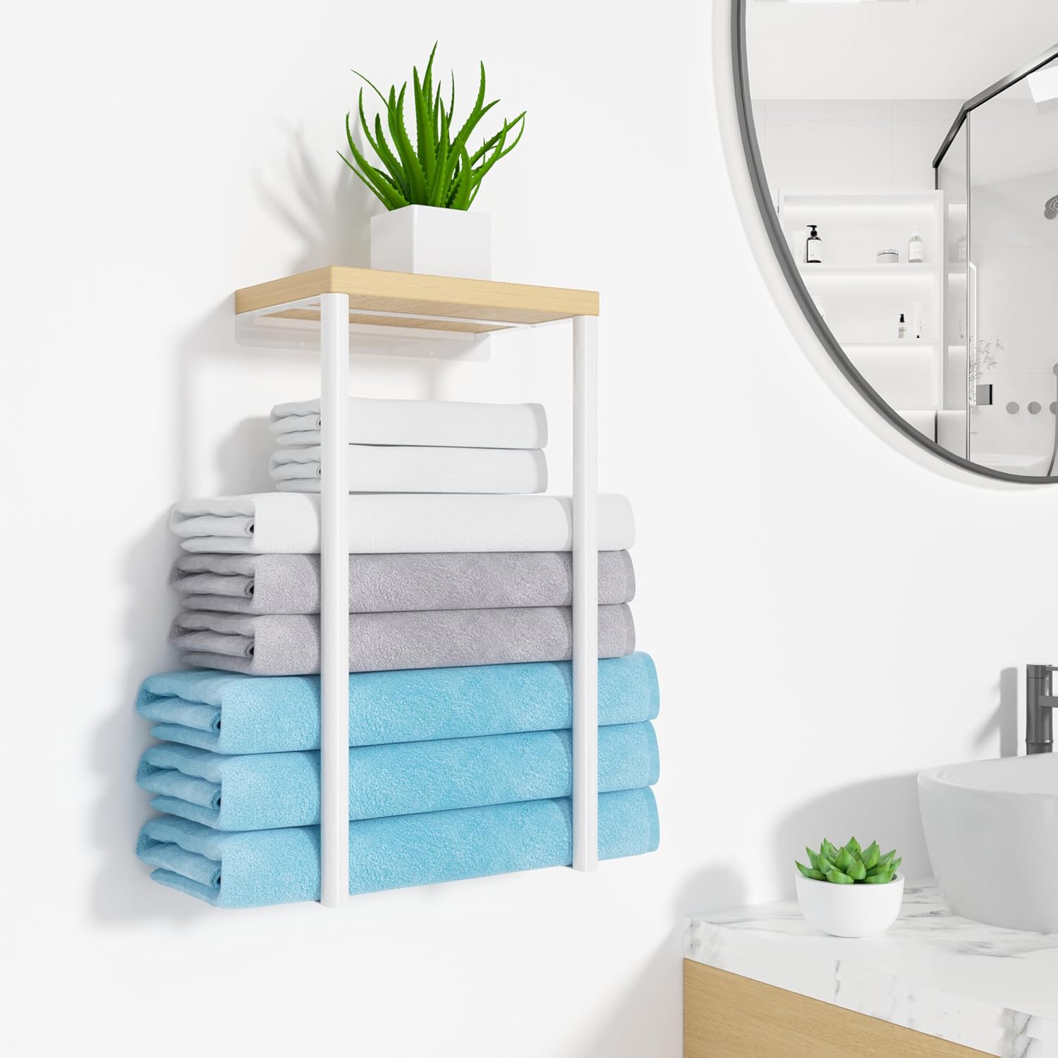 Sturdy Metal Wall Towel Rack Wooden Top Organizer for Small Bathrooms