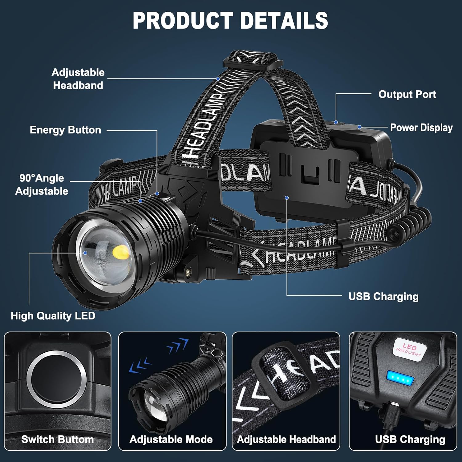 990000 Lumens Rechargeable Headlamp with 3 Modes and IPX7 Waterproof