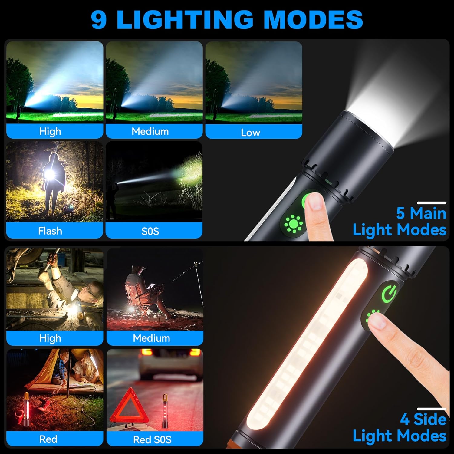 Flashlight Rechargeable LED Magnetic with 9 Modes
