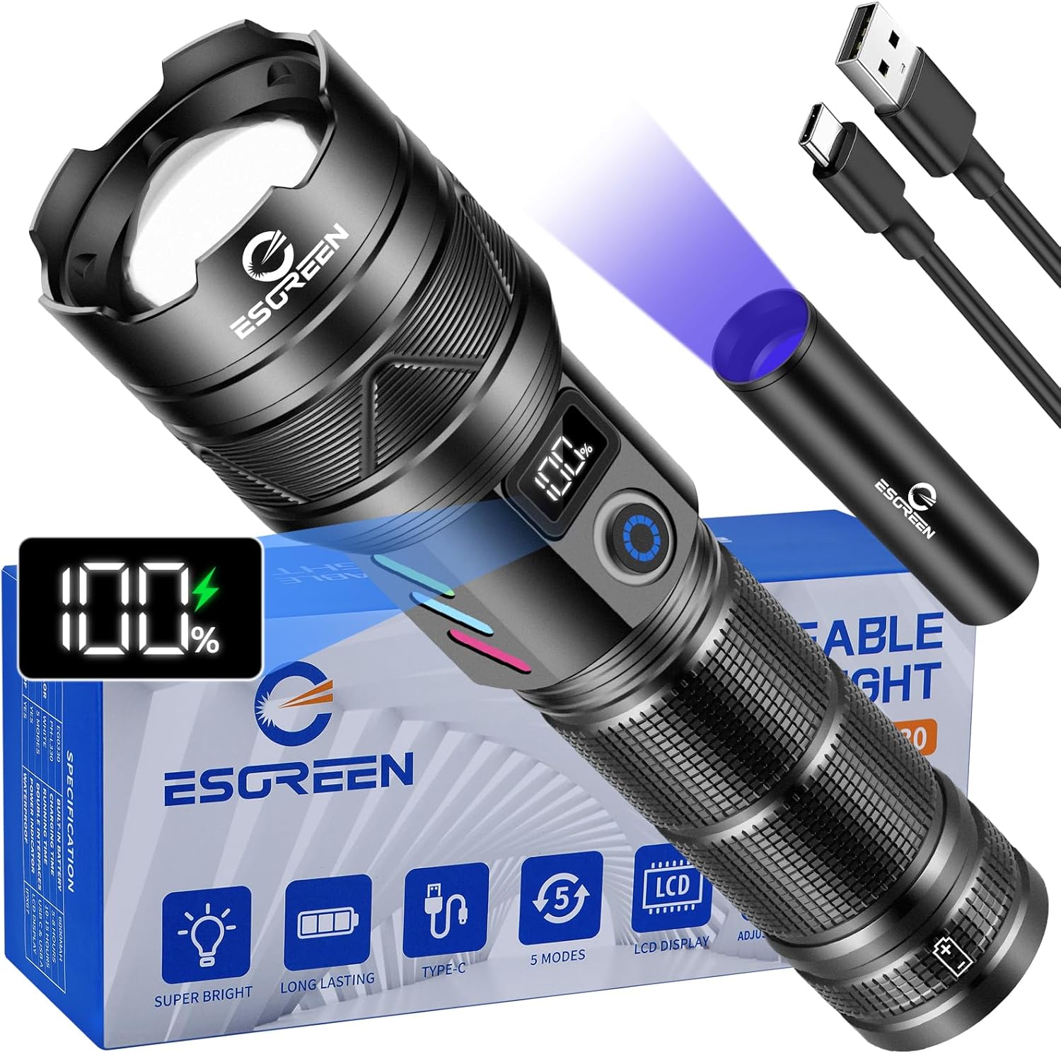 ESGREEN Rechargeable Flashlight with 5000ft Beam
