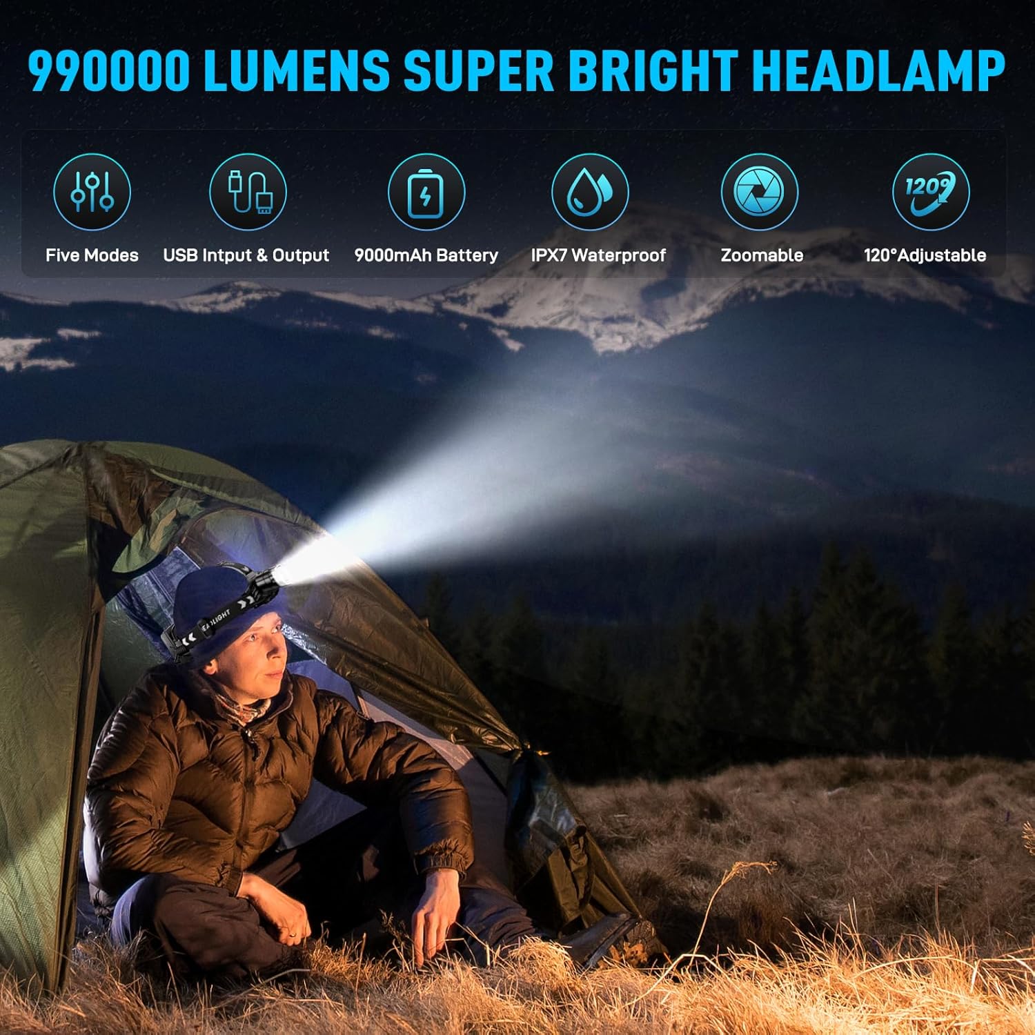 Bright Durable Headlamp with 5 Modes IPX7 Weather Resistance