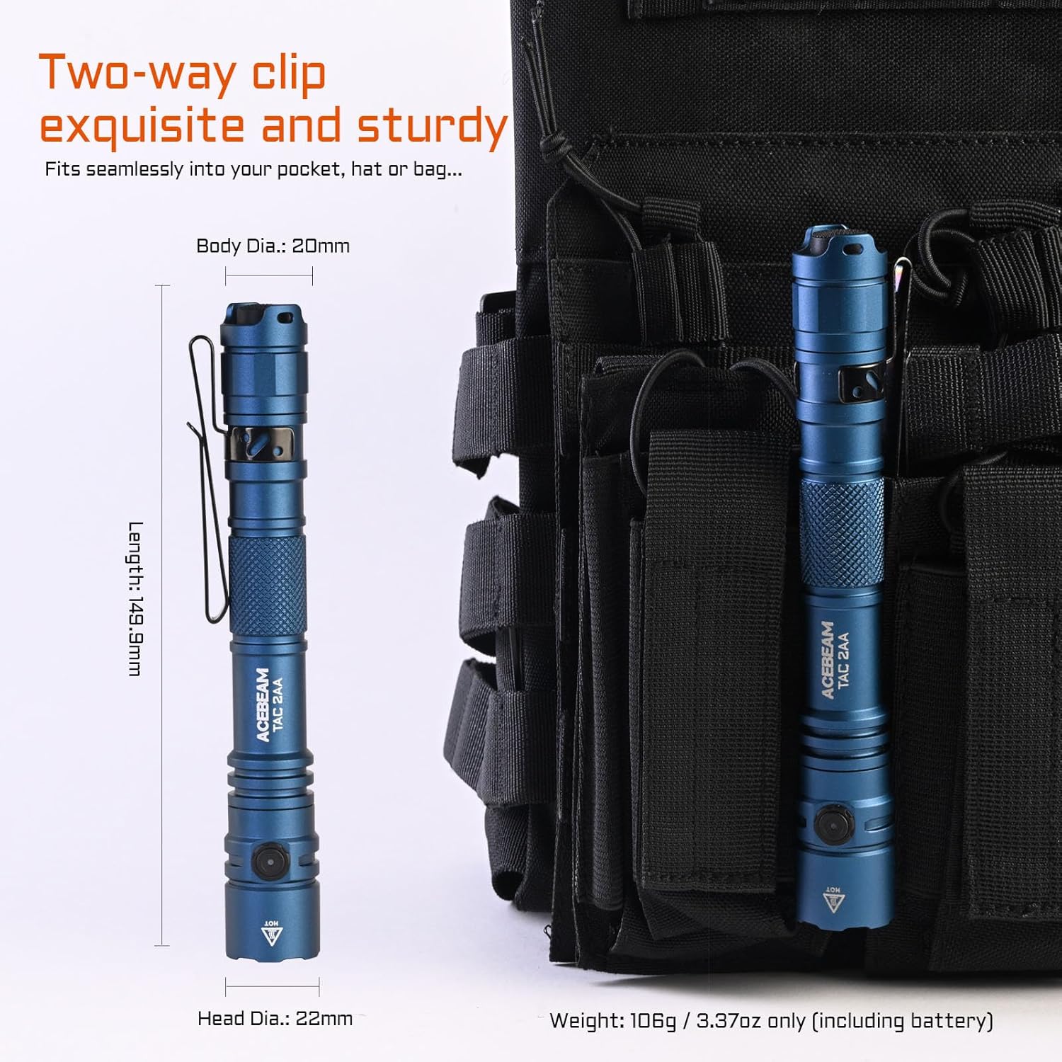 ACEBEAM TAC 2AA EDC Tactical Dual Modes Flashlight