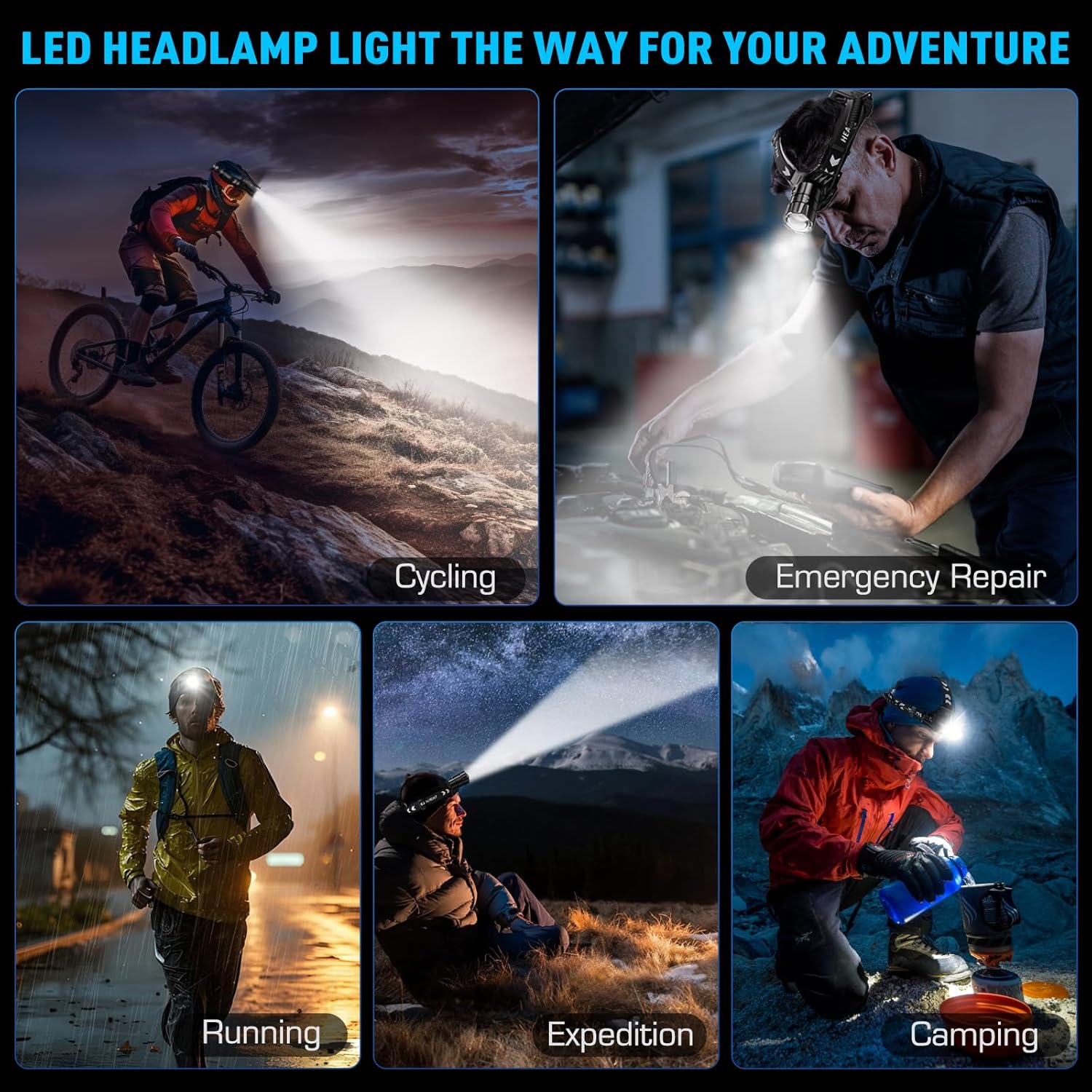 Bright Durable Headlamp with 5 Modes IPX7 Weather Resistance
