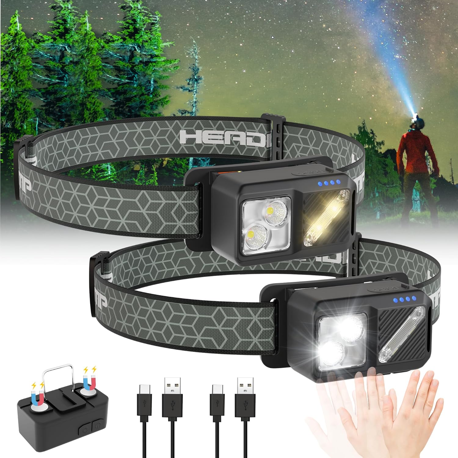 2-Piece Rechargeable LED Headlamp - 2500 Lumen 7 Modes Motion Sensor Waterproof