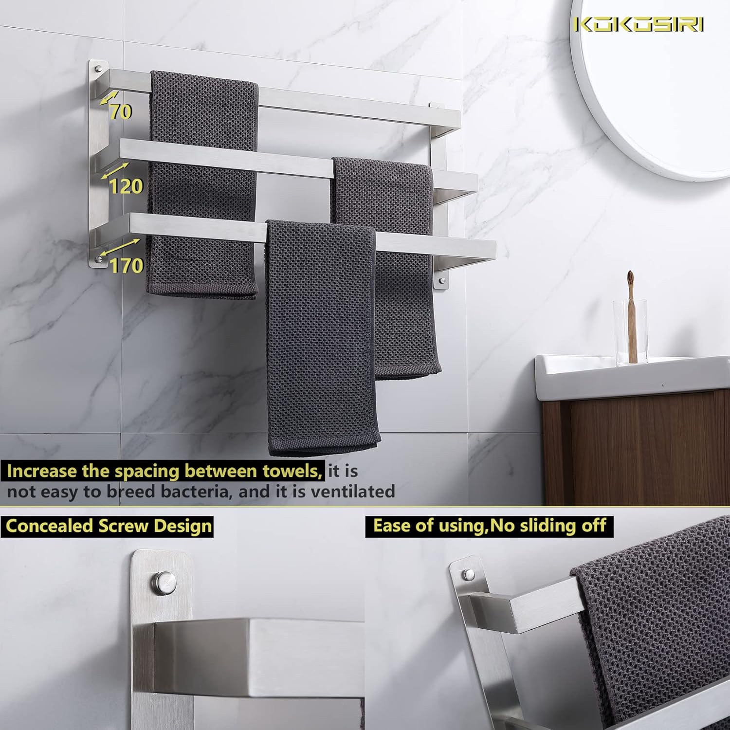 KOKOSIRI 3-Tier Bath Towel Bars stainless steel