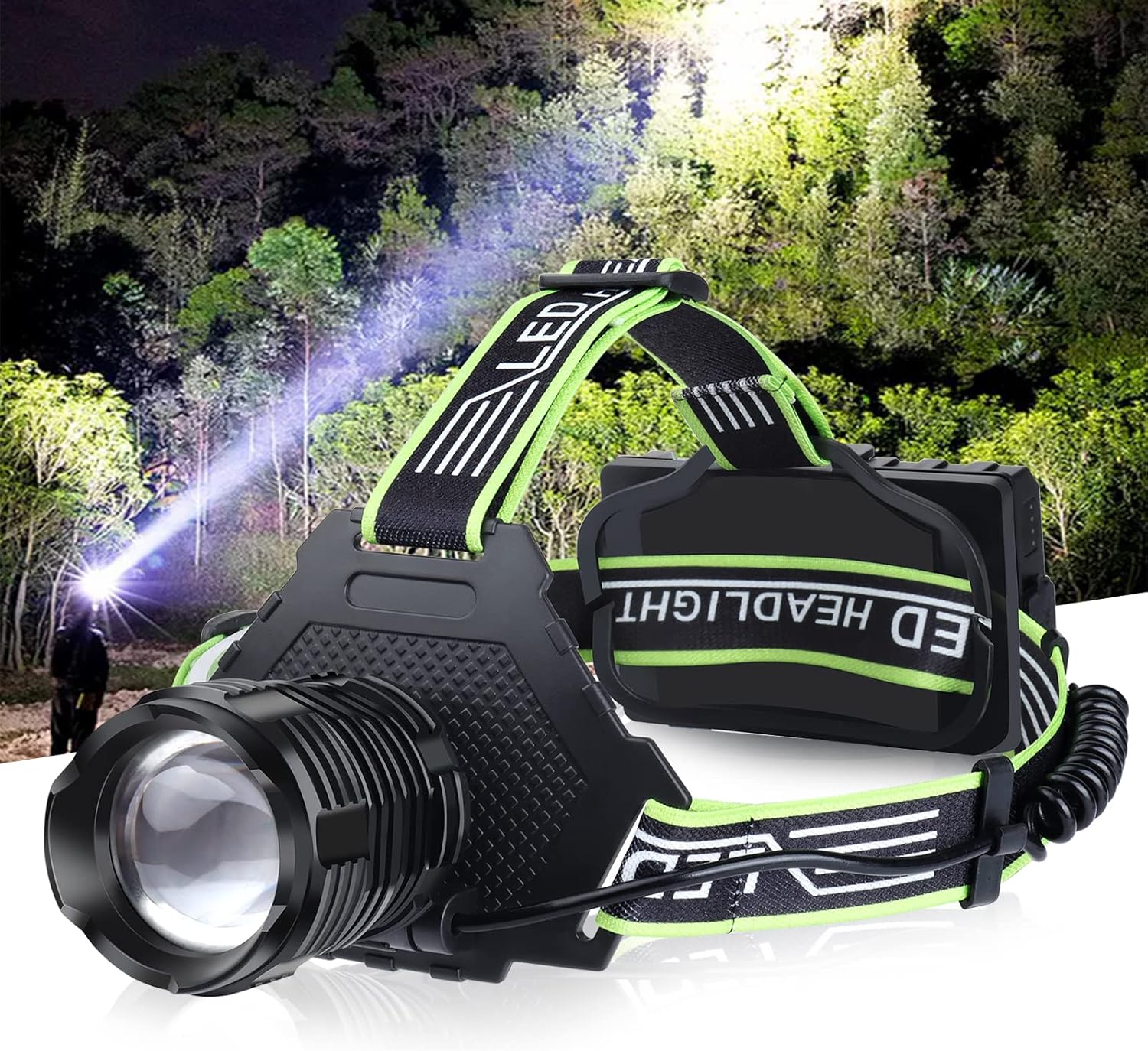 High-Brightness Rechargeable Headlamp 100000 Lumens 5 Modes 90 Adjustable IPX7 Waterproof