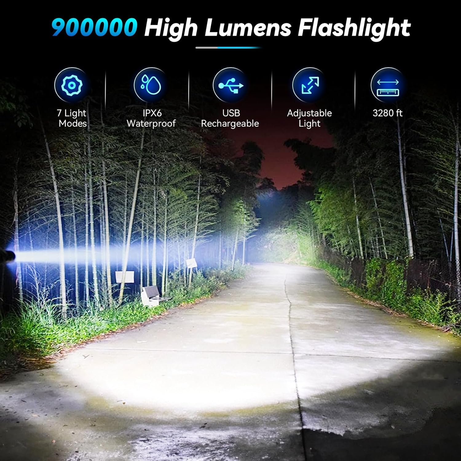 900000 LUMEN rechargeable flashlight 7 modes waterproof