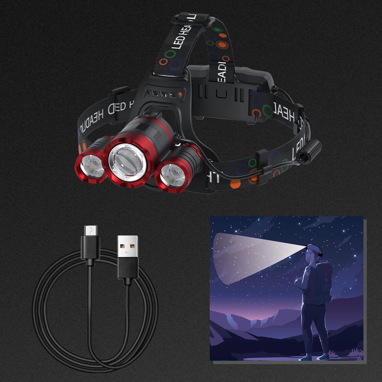 Beteray 3-Piece Headlamp for Adults Red