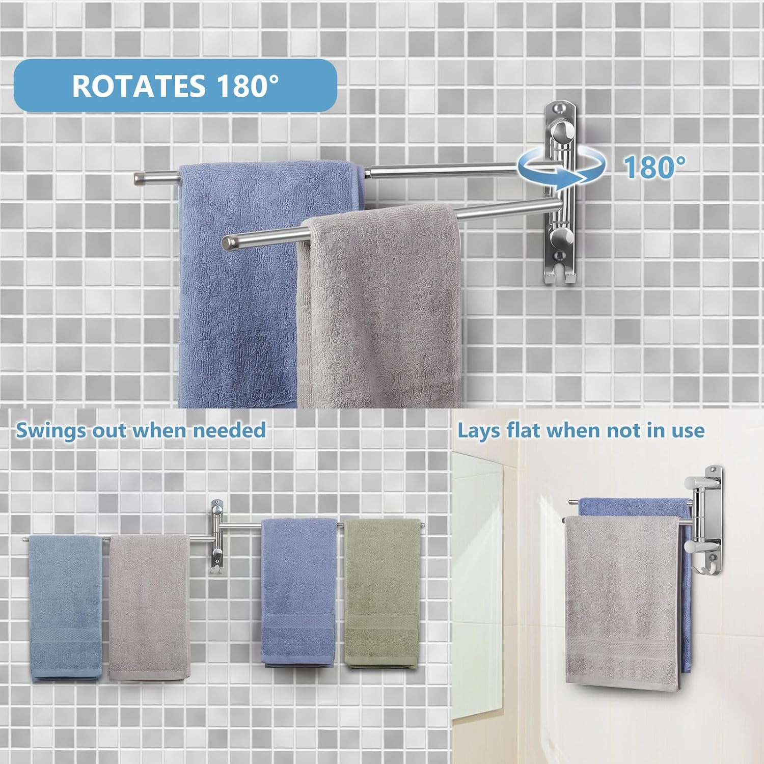 Adjustable Space-Saving Towel Rack Stainless Steel with Swivel Arms for Bathroom