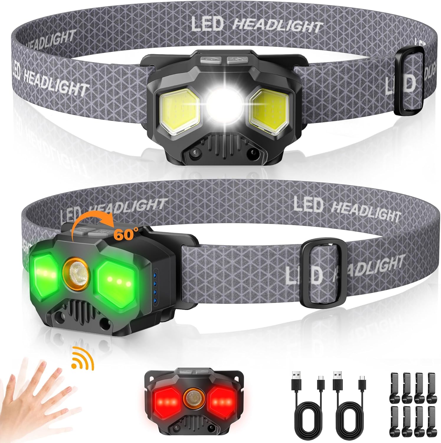 Bright Durable Rechargeable Headlamp 1400 Lumens in RedGreenWhite 14 Modes