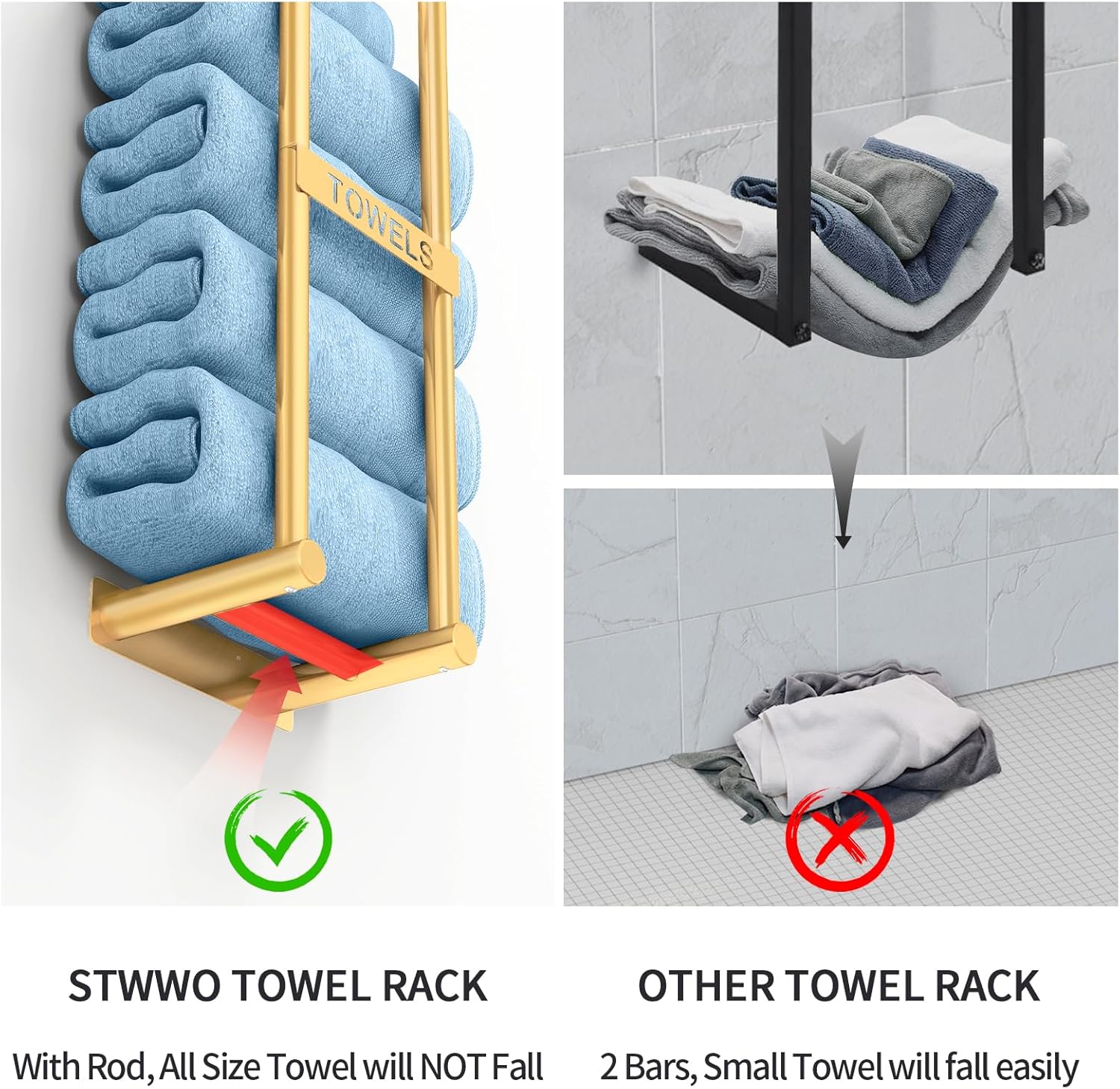 STWWO Bathroom Towel Storage Rack - Gold 4 Towels